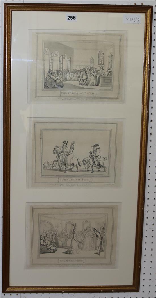 After Thomas Rowlandson, set of 12 uncoloured engravings Comforts of Bath, in 4 frames, as republished 1857